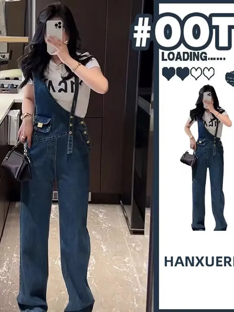 

Retro Denim Overalls Women's High Waist Straight Leg Wide Leg Floor Length Jumpsuit Summer Wear Resistant Blue Color