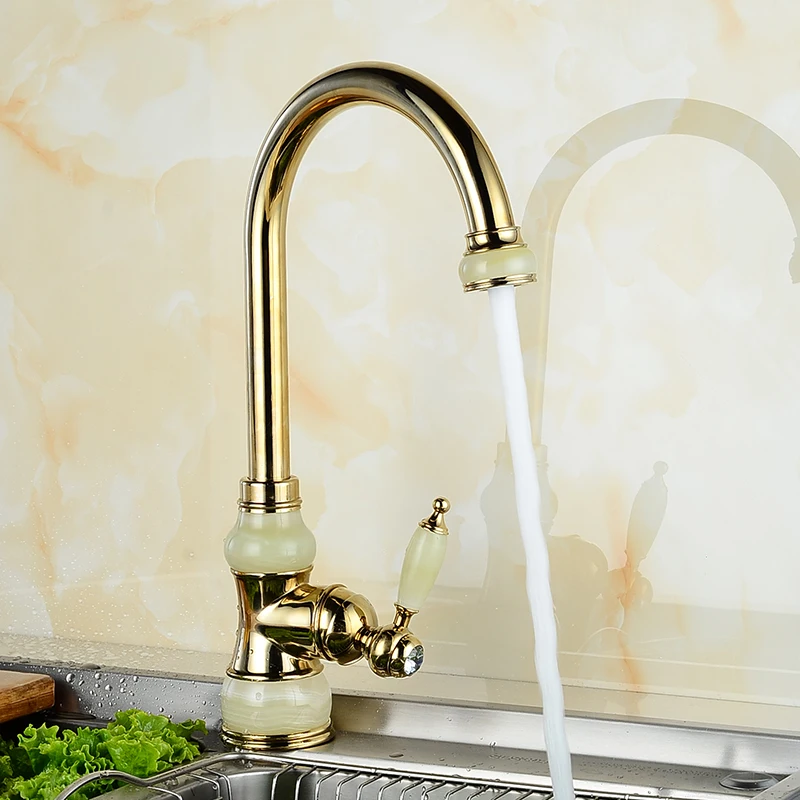 Brass with Marble Kitchen Crane Single Handle Gold Finish 360 Swivel Mixers Taps Kitchen Tap Sink Mixer U-02Kitchen Faucets