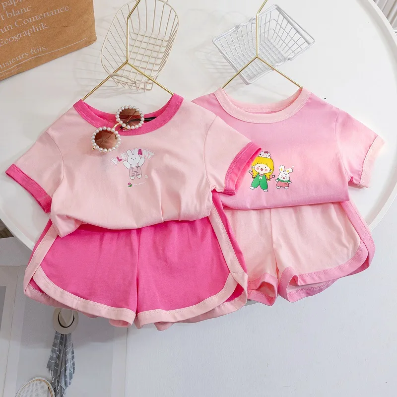 

Girls' Summer New Short Sleeve Suit Summer Cartoon Print Girls' Casual Two-Piece Suit Baby Girls' Western Style