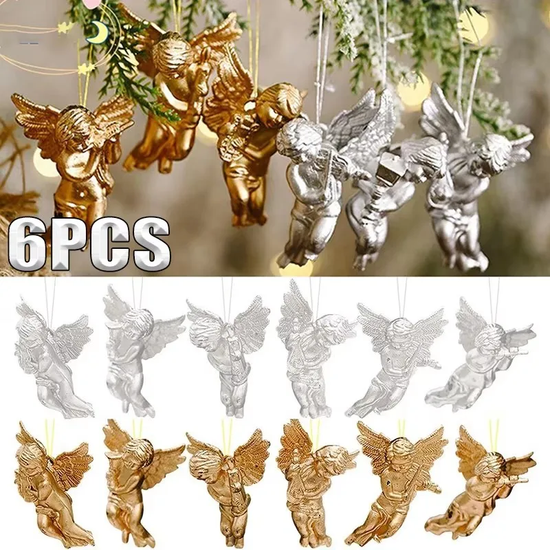 6Pcs Christmas Tree Hanging Gold Silver Angel Dolls Pendant 2024 Christmas Decoration For Home Kids New Year Gifts Ornament 2025