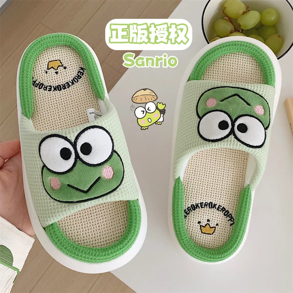 Sanrios Anime Kero Kero Keroppi Flax Slippers Summer Non-Slip Home Bath Slippers Beach EVA Flat Shoes Parent Child Slippers