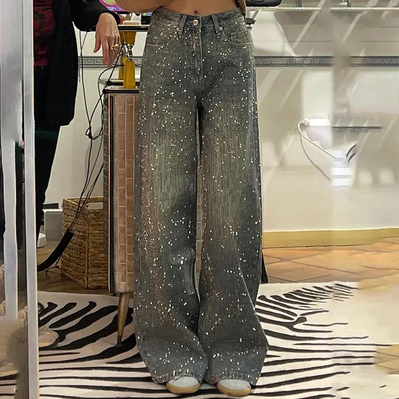 New Women's Perrusted Jeans, Starry Sky Patchwork Denim Trousers Spring Autumn Female Design With A Shiny Floor-length Pants