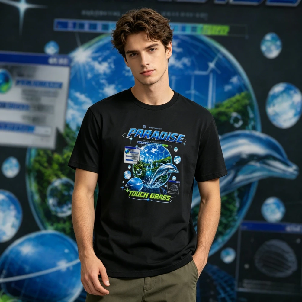 90s Y2K Graphic T Shirt Paradise Touch Grass Dolphin Earth Planet Print Tees Retro Cyber Computer Window Bubble Aesthetic Tees