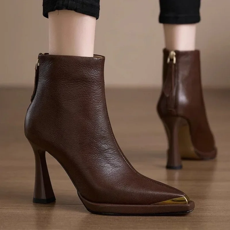 

New French Metal Pointed Toe Booties Women's Autumn and Winter New High Heel Block Heel Skinny Boots