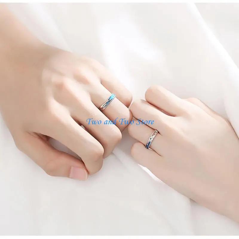 HX6F 2x Couple Rings Set Simple Sea Blue Meteoric Star Love Rings for Family Members