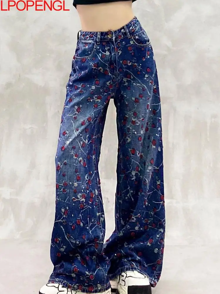 

Жаккардовый дизайн с цветными блоками, потертые повседневные джинсы, женские винтажные осенние свободные брюки с высокой талией, универсальные прямые широкие брюки