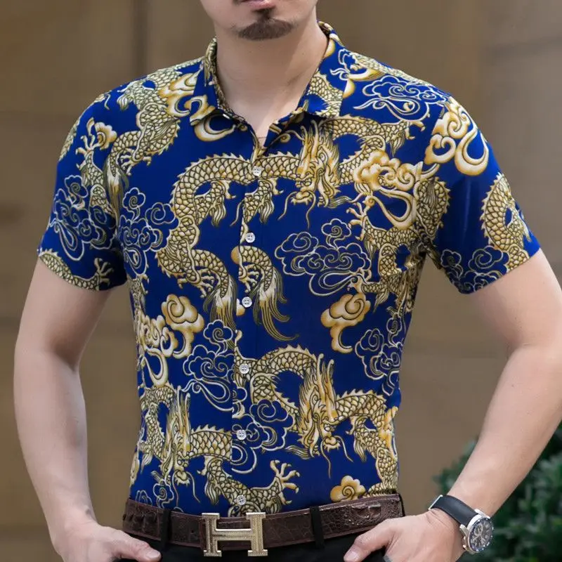 Neues Kurzarmhemd für Herren mittleren Alters, lässiger Druckkragen, Eisseide, Passform, Blumenmuster, dünn, modisch
