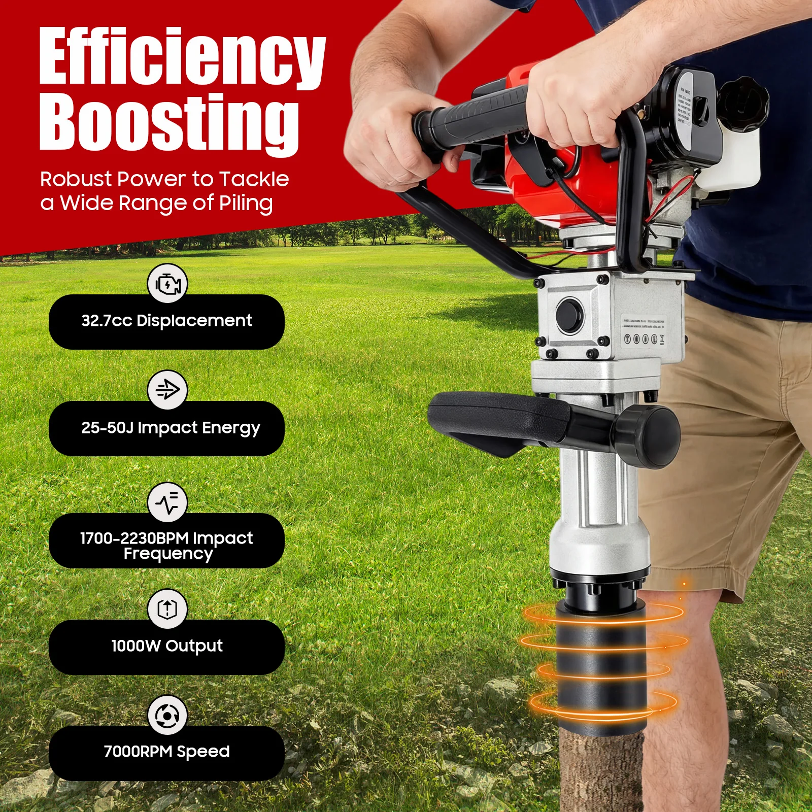 

JH-55 2in1 2-Stroke 32.7CC Heavy Duty Fence Hammer T Post Driver Gasoline Petrol Powered Pile Driver 1000W for Garden Farm