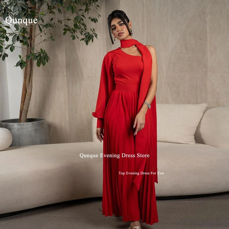 

Qunque Romantic Red Satin Prom Dress for Photoshoot Pleat Long Formal Party Dresses One Sleeve With Shawl Vestidos De Fiesta