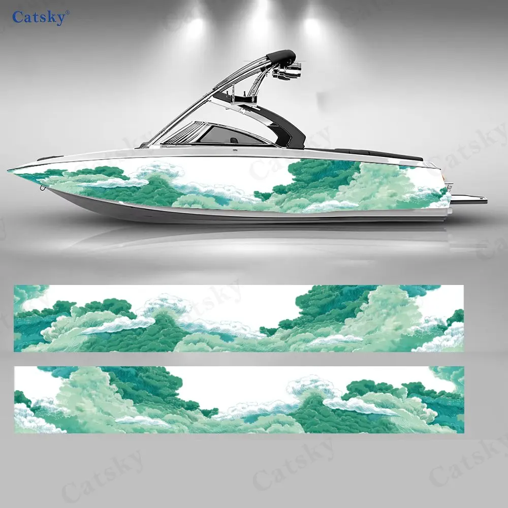 Light Green Layered Cloud Sea Wave Boat Stickers, PVC Waterproof Vinyl Wrap Decals for Fishing Boats, Durable and Stylish Design