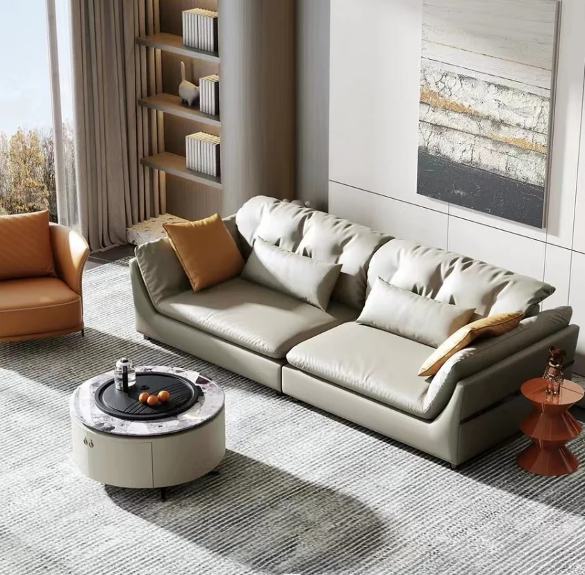 Conjunto de sofá de couro luxuoso para sala de estar, novo design para móveis domésticos modernos