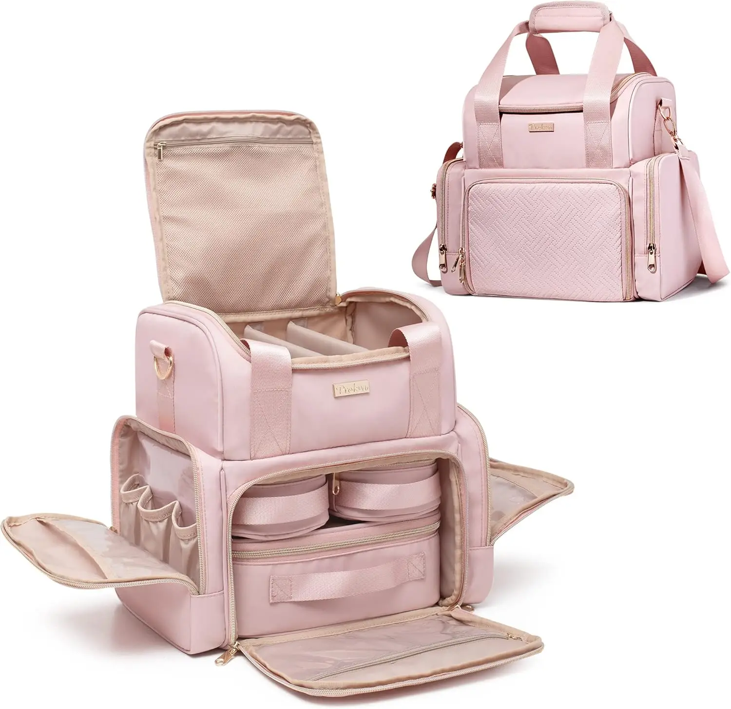 

Large Travel Makeup Bag with Removable Cases, Double Layer Organizer for Cosmetics and Brushes in Pink