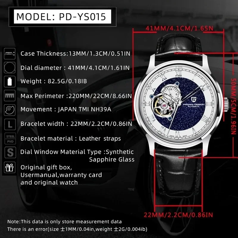 PAGANI DESIGN PD-YS015 Men Automatic Mechanical Watch Starry Sky Dial Hollow Tourbillon Style Leather Strap Waterproof Business