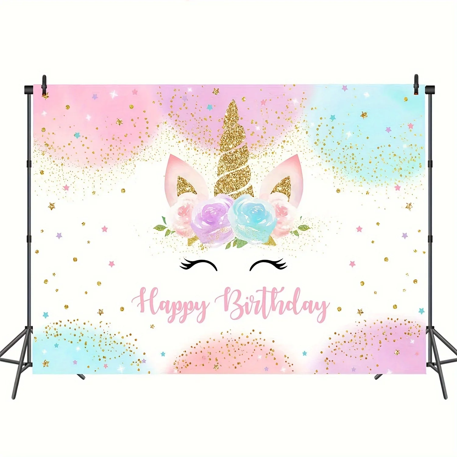 Rainbow Unicorn Background Happy Birthday Party Decoration Girl Watercolor Flowers Sparkling Stars