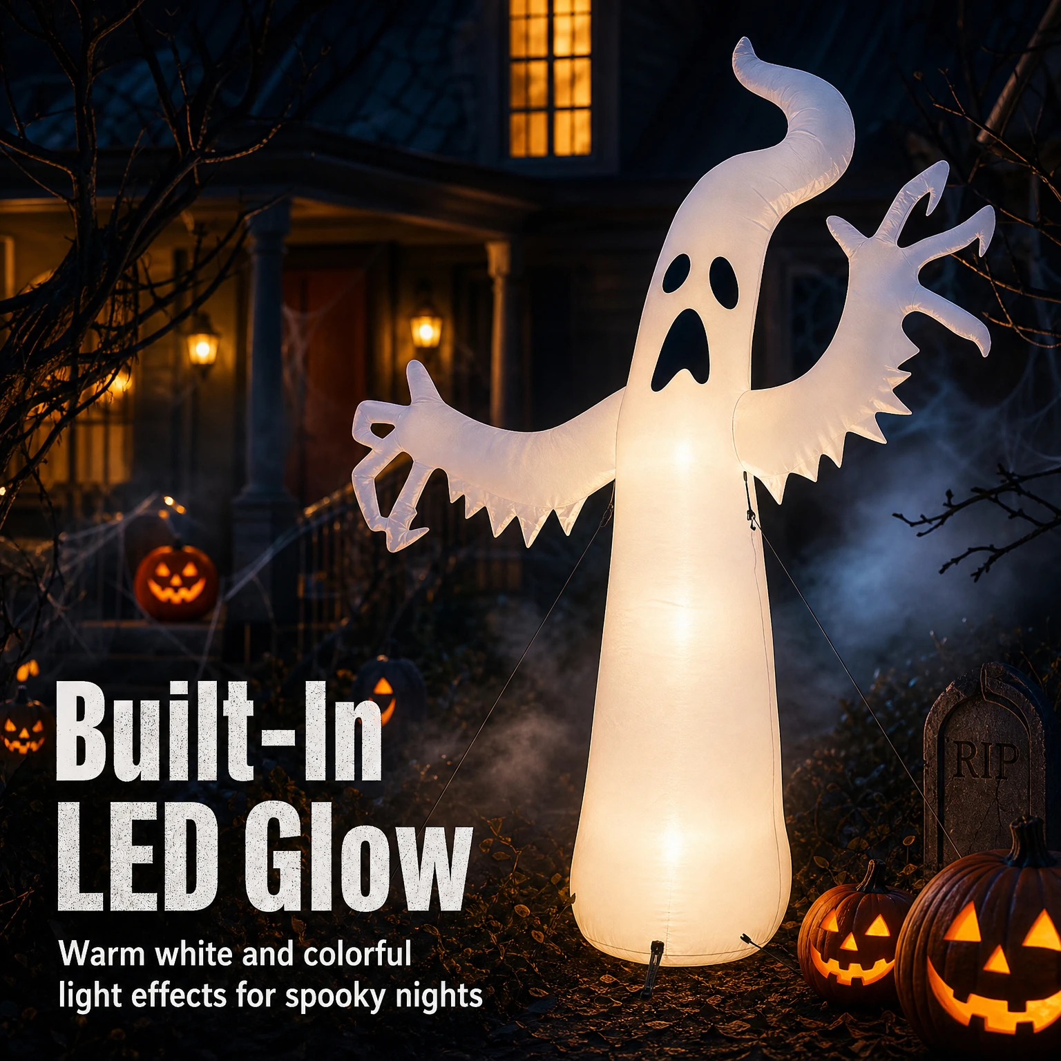 Fantasma Gonfiabile Bianco Horror di Halloween da 180 cm con Luci LED Integrate, Impermeabile e Antivento, Decorazione Gonfiabile per Prato, Interni e