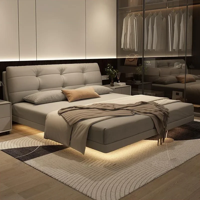 Heavy Duty Price Double Bed Beige European Base Lit Luxe Double Bed Adults Floating Metal Wood Camas De Dormitorio Furniture