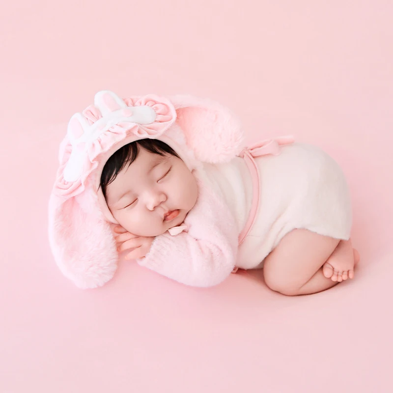 Cartoon Character Costumes Professional Newborn Photography Outfit Cute Pink Bunny Hat +Soft Fluffy Romper Set for 0-1M BabyGirl