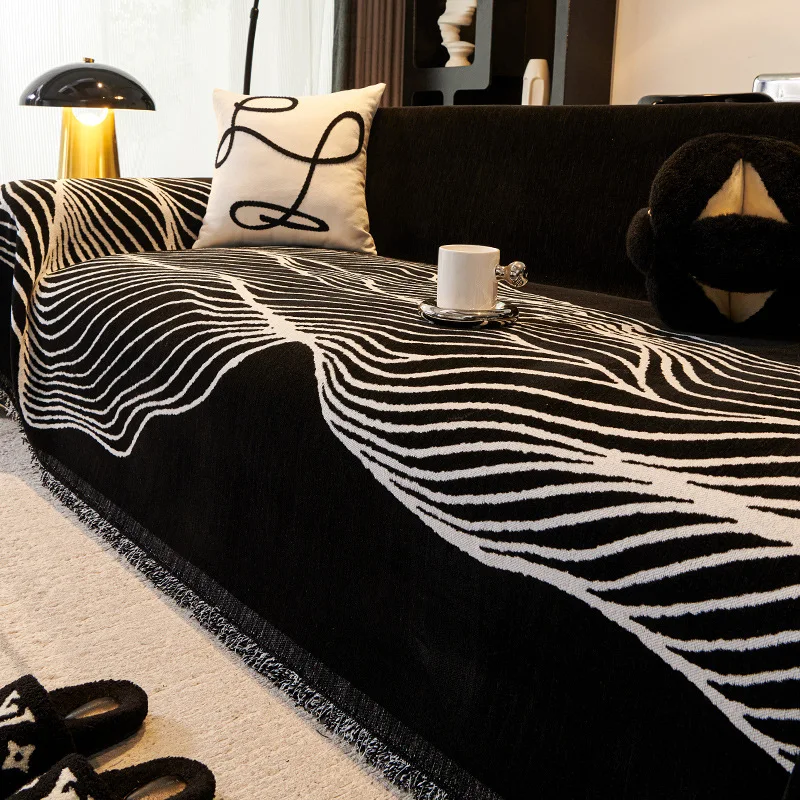 Retro Striped Printed Sofa Cover with Tassels Soft Chenille Full Cover Couch Slipcover Anti-Wear Pet Friendly Armrest Towel