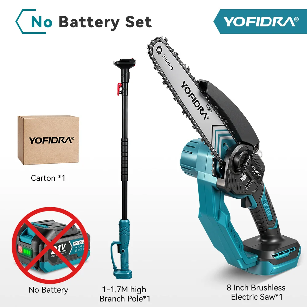 YOFIDRA 8 Inch Borstelloze Elektrische Kettingzaag Telescopische Steel Draadloze Tuin Boom Snoeischaar Snijgereedschap Voor Makita 21V Accu Pin
