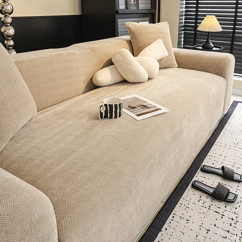 Chenille Stretch Sofa Cover Herringbone Elastic Couch Slipcover Furniture Protector for Living Room Sofa 1/2/3 Seater All-Season