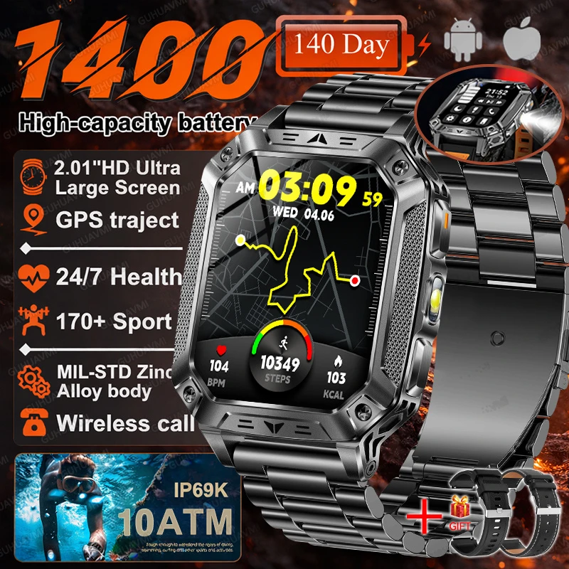 2026 Nieuwe 1400mAh Batterij Smart Watch GPS-pad Bluetooth Oproep 10ATM Waterdicht Zwemmen Sport Hardlopen Wandelen Buiten Militaire Smartwatch