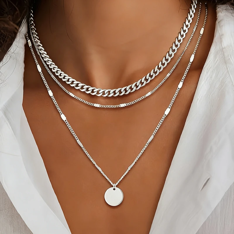 Huitan Women Multi Layer Stackable Stainless Steel Necklace Chunky Cuban Thin Bead Chain Fashion Party Luxury Punk Jewelry Gift