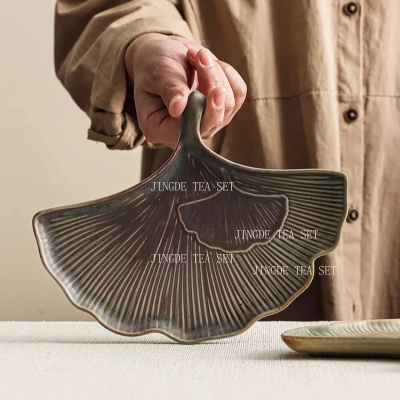 1pc Ceramic Kiln Turned Fruit Dish Chinese Style Ginkgo Leaf Dessert Plate Teapot Holder Household Dry Foam Pad Bread Plate