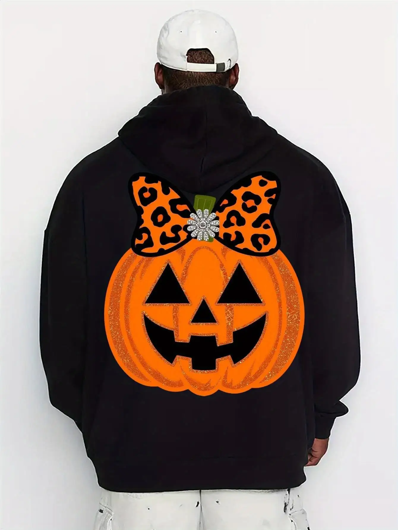 

Men's black leopard print pumpkin and jack-o'-lantern sweatshirt with a spacious kangaroo pocket. Machine washable, regular fit