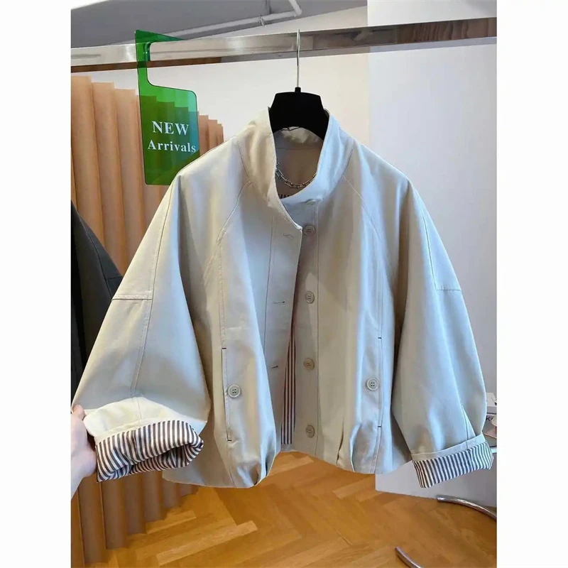 Women Short Trench Coats Striped Lining Loose Windbreaker Jackets Single Breasted Stand Collar Casual Tops Spring Autumn New
