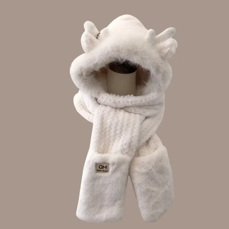 Cute Winter Deer Horn Plush Hat for Women, Cold proof, Warm, Ear Protection, Double layer Thick Scarf, Glove, One piece Hat