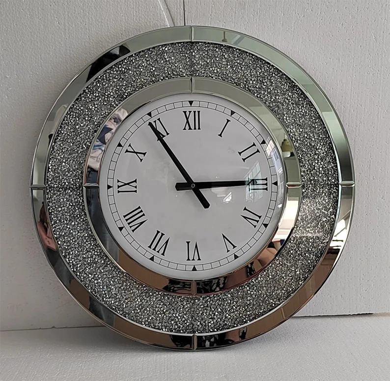 50 Silver Round Mirror Clock Crystal Sparkle Twinkle Bling Crush Diamond Glass Mirrored Large Wall Clock Home Decor Dropshipping