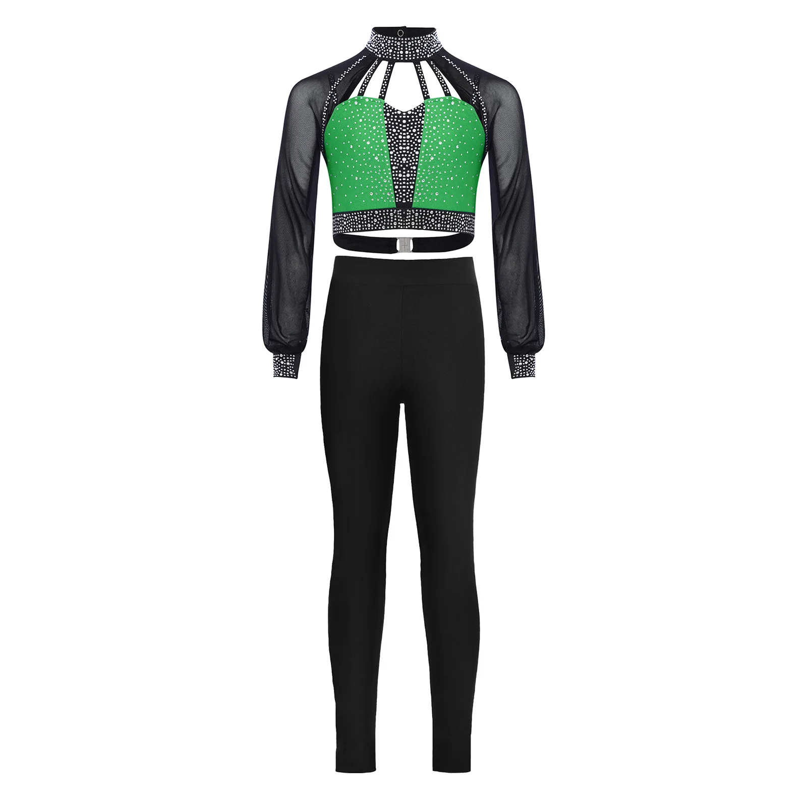 Kids Girls Figure Skating Gymnastics Dance Performance Outfit Sheer Mesh Long Sleeves Sequins Crop Top with Leggings Dance Suits