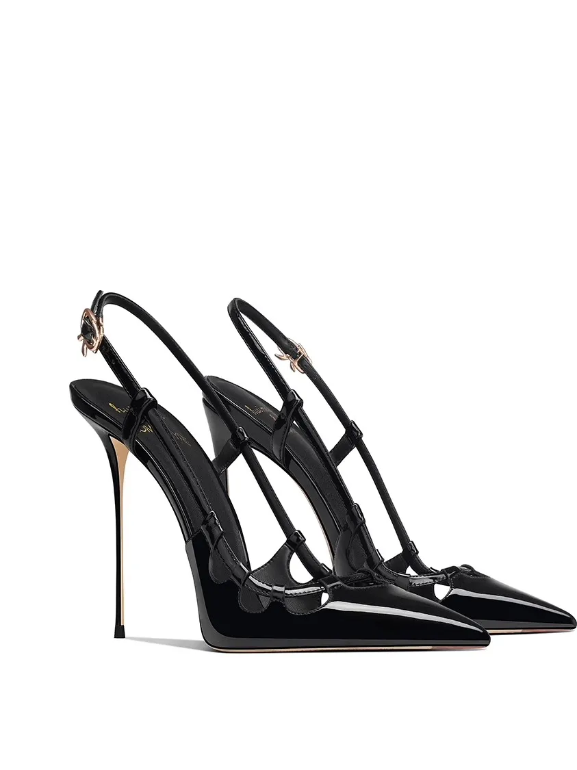 

Thin high-heeled sandals summer new pointed patent leather hollow single shoes banquet large size small size women's shoes