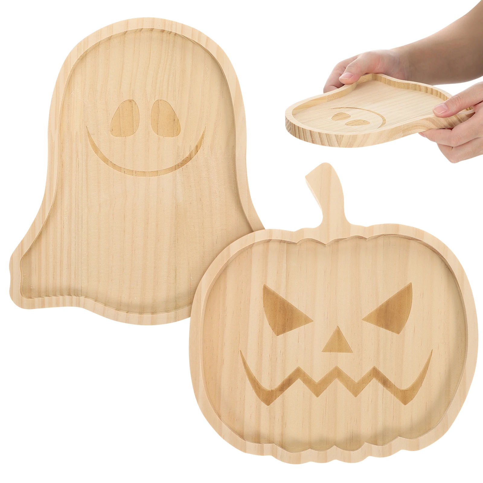 

2pcs Wooden Pumpkin Tray Halloween Ghost Shape Serving Tray For Food Snack Fruit Dessert Storage Plate Party Home Office Decor