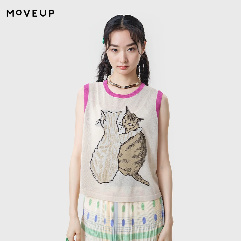 MOVEUP Round Neck Sleeveless Tanktop 2026 Summer New Cat Print Fashion Design Contrasting Collar Breathable Top Women 3ELX31101