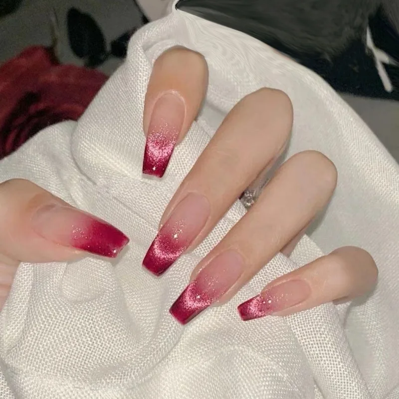 

30 Pcs False Nails with Glue French Coffin Nails Press on With Charms Long Rose Gradient Cat Eye Fashion Nail Tips for Girls
