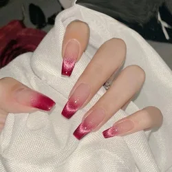 30 Pcs False Nails with Glue French Coffin Nails Press on With Charms Long Rose Gradient Cat Eye Fashion Nail Tips for Girls