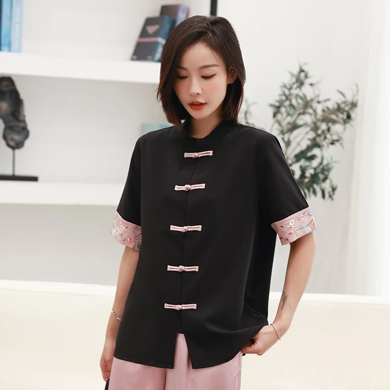 Chinese Style Ethnic Charm Women\'s Clothing Short Sleeve Top Vintage Embroidered Buckle Loose T-Shirts Summer Women Blouse