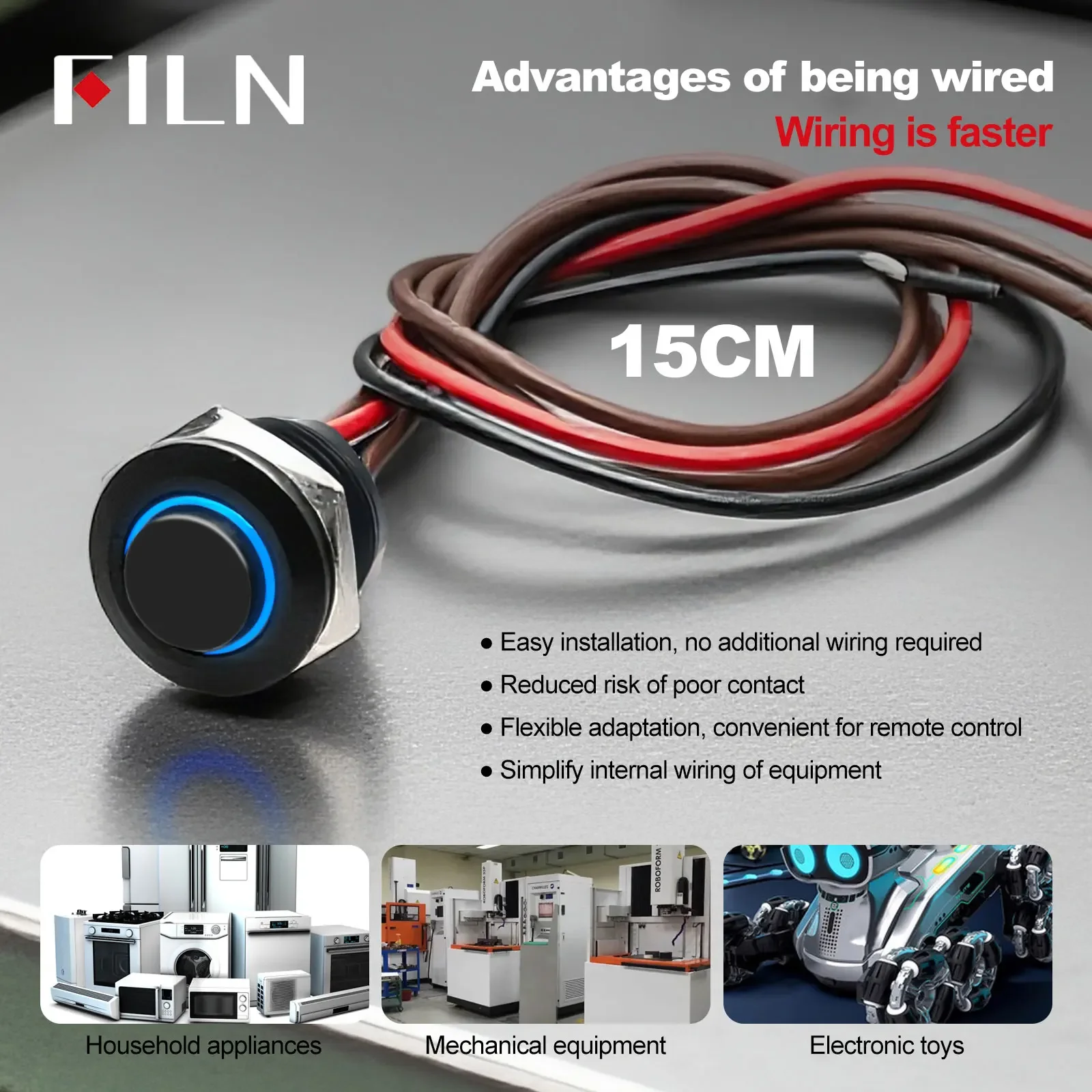 FILN 12mm Stainless Steel Push Button Switch 12V 24V Self-Reset Momentary LED Illuminated High Head Short Stroke Elevator
