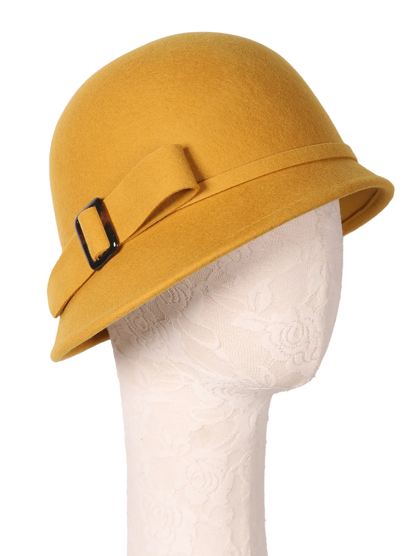 FS Women\'s Black Wool Felt Cloche British Top Bucket  Hat With Bowknot Wide Brim Bowler Fedoras Ladies Yellow Floppy Derby Hats