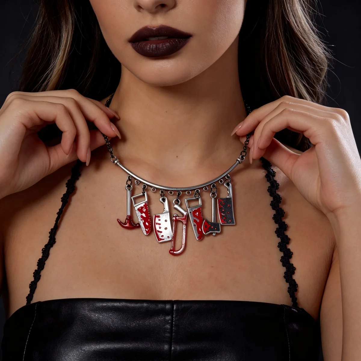 Halloween-Blut-Tropfen-Messer-Axt-förmige Quasten-Halskette für Damen und Herren, Gothic-Punk-Cosplay-Party-Ketten-Choker, Modeschmuck-Geschenke – Detail 10