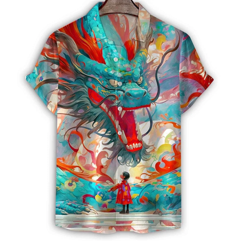 Art Orient Dragon Painting 3d Print Shirt For Men Summer Hawaiian Short Sleeves Tee Shirts Casual Button Lapel Blouse Tops