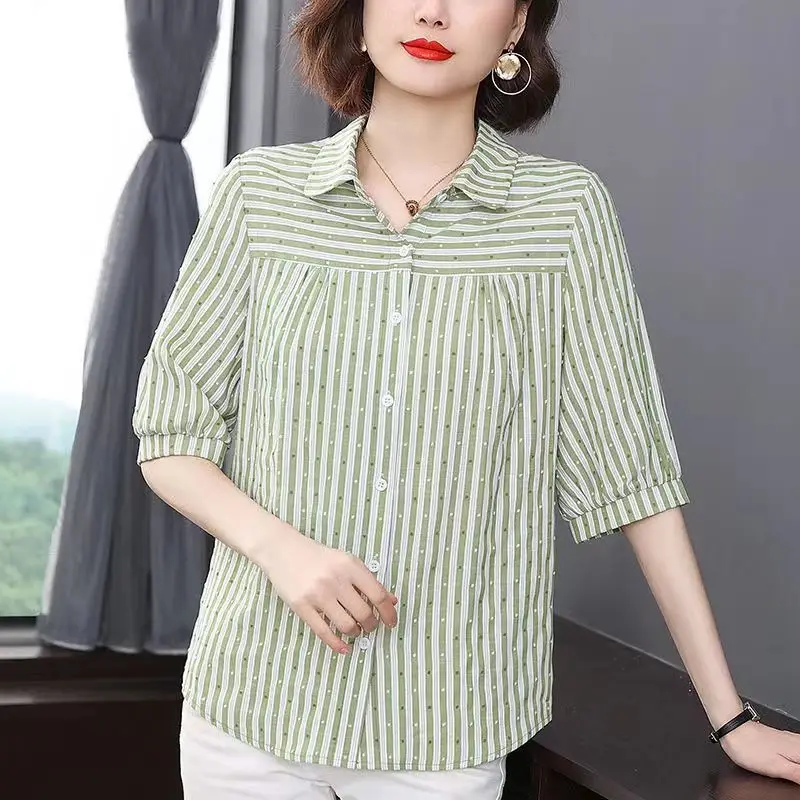 Summer Women's Lapel Stripe Contrast Dot Button Print Single Breasted Cardigan Short Sleeved Shirt Jacket Casual Elegant Tops