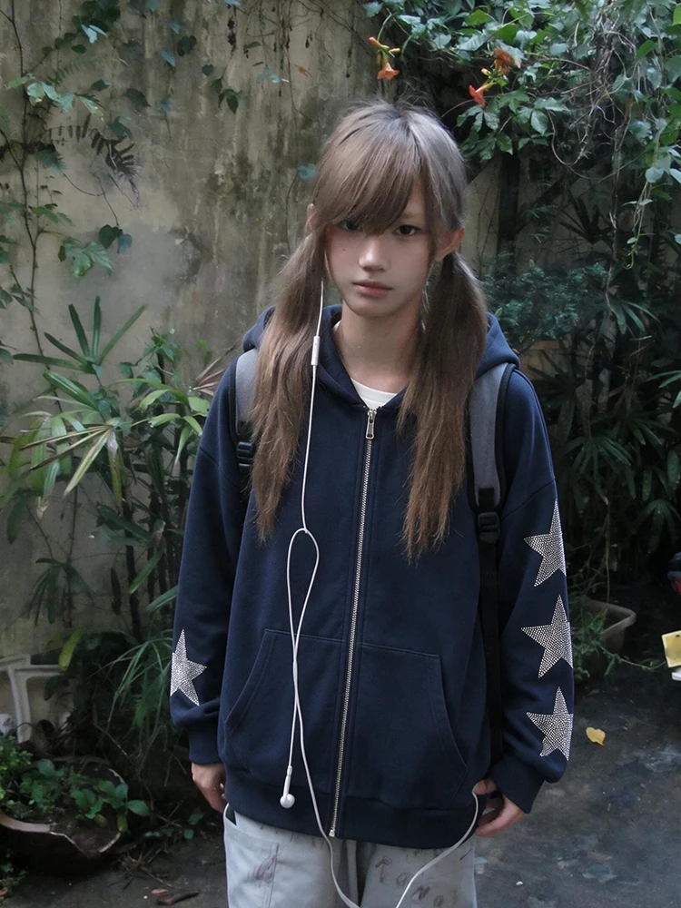 Tonngirls Y2k Japanischer Zip-up Hoodie für Damen, Strass-Stern, lockerer Pullover, amerikanischer Retro-Vintage-Kapuzenmantel, Ästhetik der 2000er Jahre – Detail 7