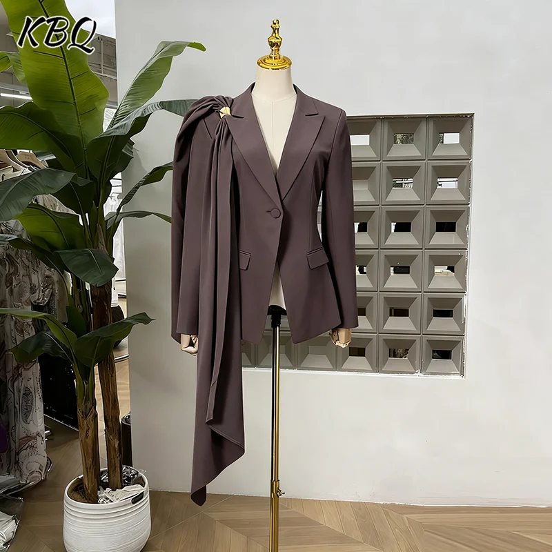 

KBQ French Design Sense Solid Chic Blazers for Women V Neck Long Sleeve Spliced Lace Up Temperament Chic Jacket Female Winter