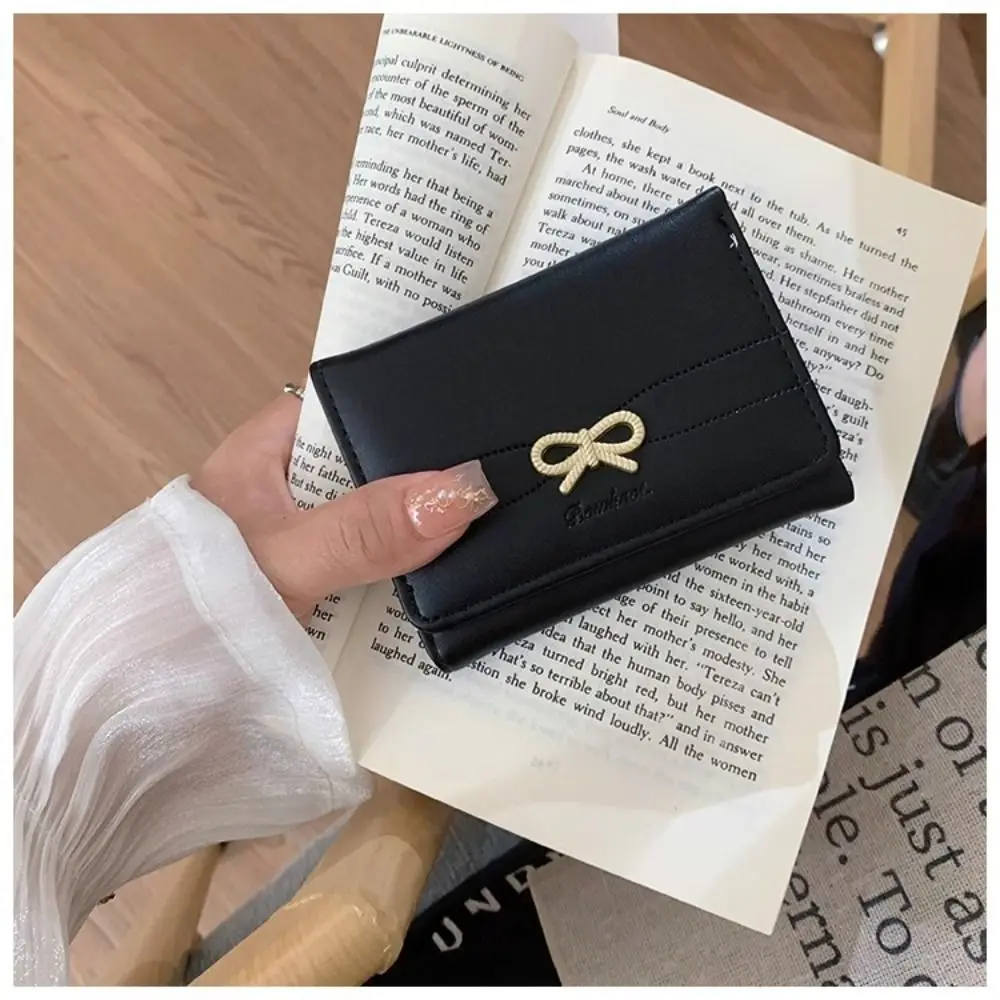 Cute Bow Tri-fold Short Wallet Multiple Card Positions Multifunctional Small Wallet PU Card Holder For Women Girls Student Use