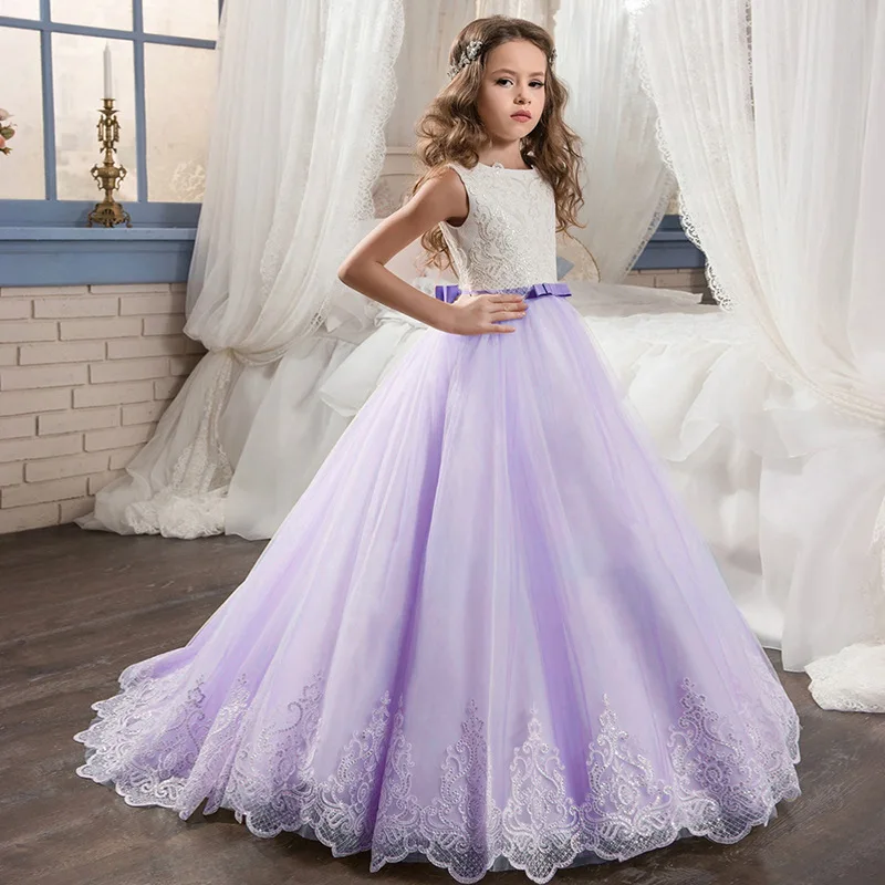 Tule Puffy Lace Appliques Vestidos com Laço e Cinto para Meninas, Vestidos Princesa Sem Mangas, Flor De Champanhe, Casamento, Aniversário, Banquete