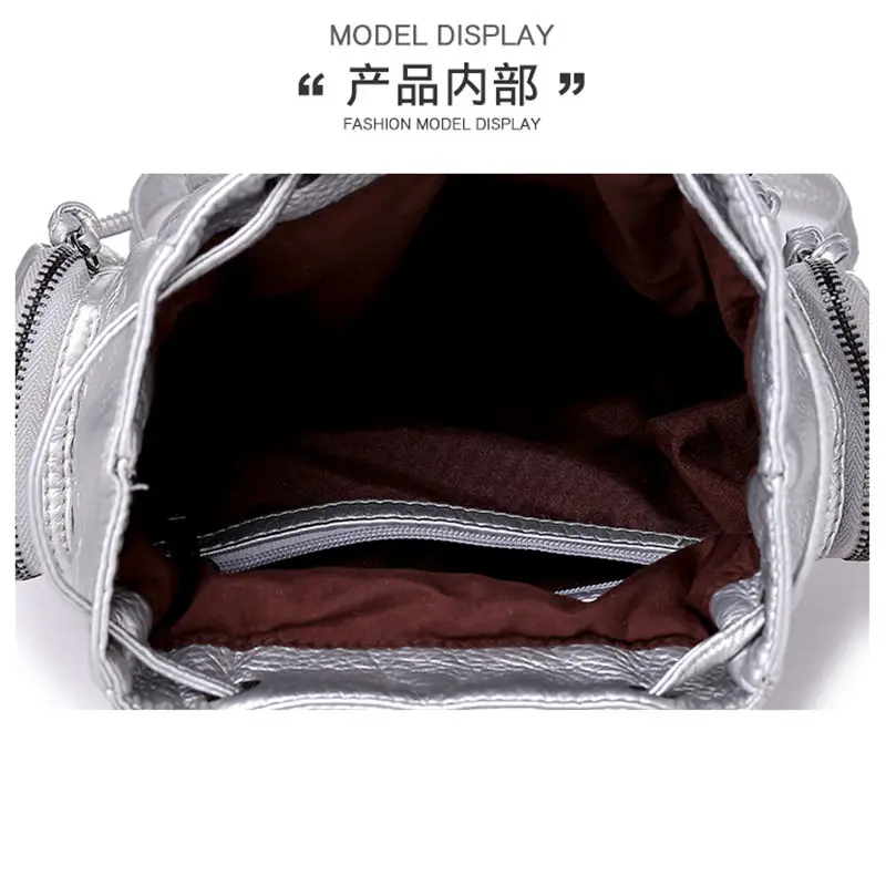 Double Shoulder Bag Women's Pu Leather Drawstring Zipper Pocket Brand Design Wrinkled Leather Pattern Leisure Fashion Backpack