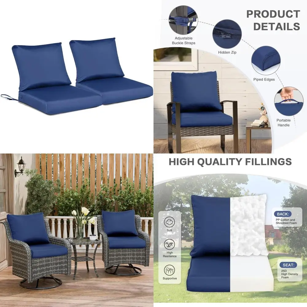 

Outdoor Patio Chair Cushions Set of 2, 24x24 Inch Navy Blue Fade and Water Resistant Deep Seat Cushions for Wicker Furniture