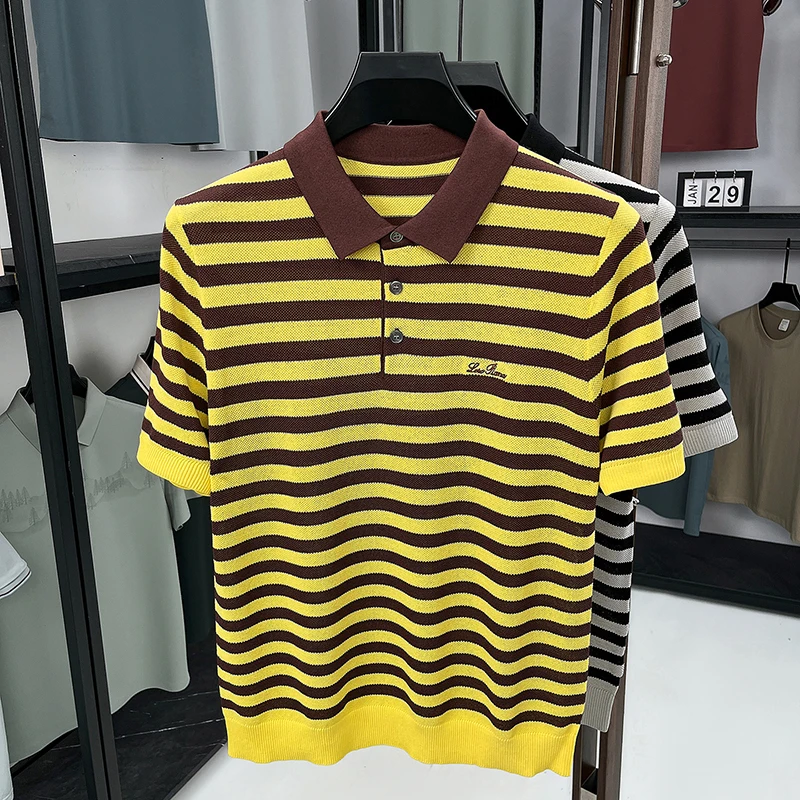 High-Elastic Knitted Men's Polo Shirt Short Sleeve Striped Casual Summer Quality Viscose Polyamide Brend Premium Polos De Hombre